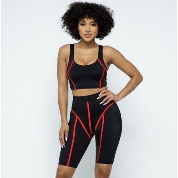 Biker Set. Contrast binding crop tank and biker shorts set. Black and red. Small - Picture 1 of 4